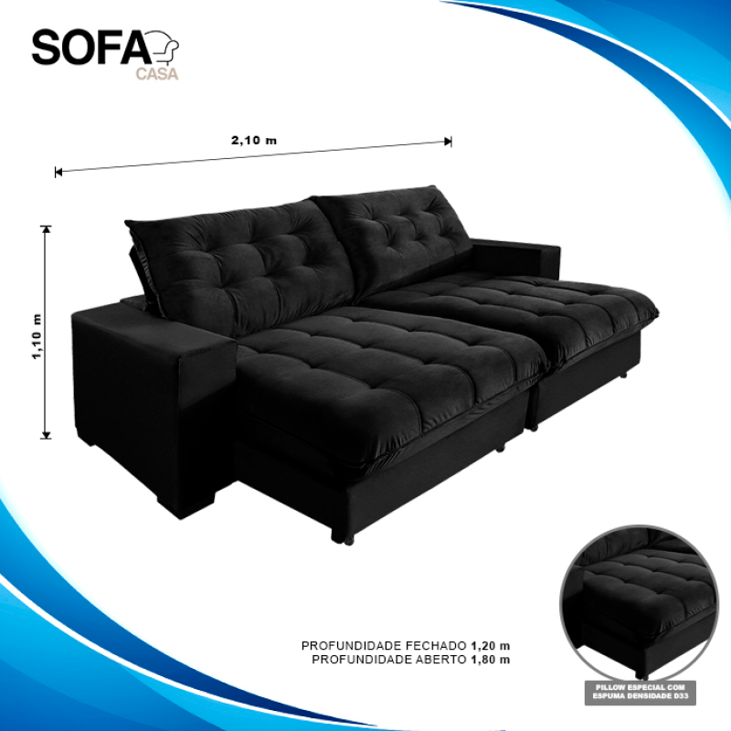 Sofá Retrátil e Reclinável 3 Lugares Califórnia 2,10m Suede Preto Super