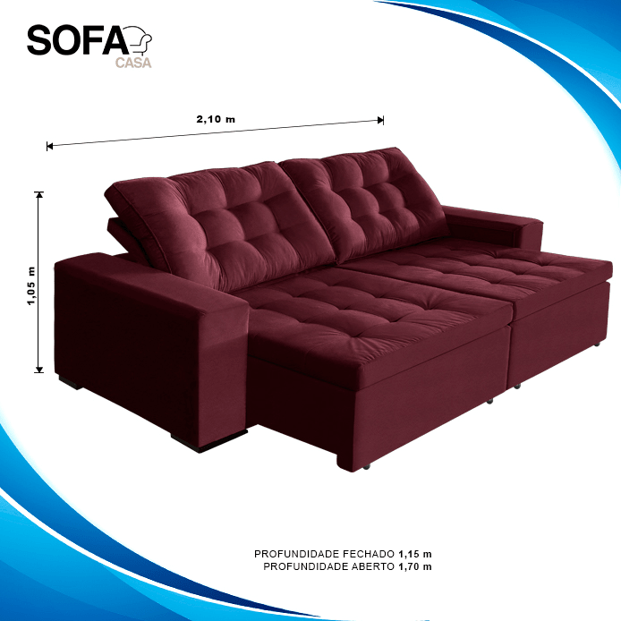 sofá Tunísia 2,10 mts retrátil e reclinável pluma Vinho