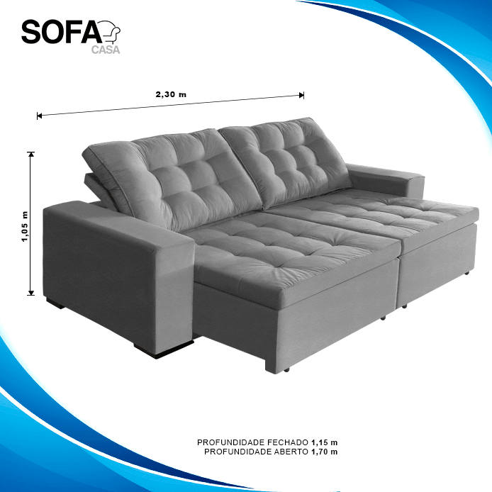 sofá Tunísia 2,30 mts retrátil e reclinável pluma Cinza