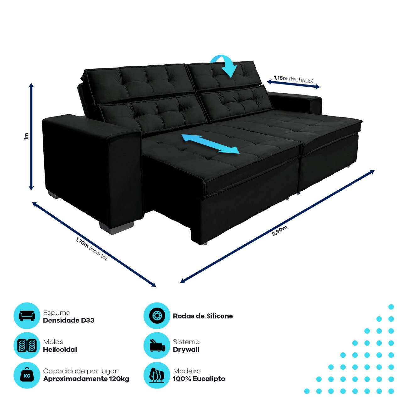 Sofá Vancouver Retrátil/Reclinável 2,90m Suede Velusoft preto c/mola helicoidal - Sofá Casa