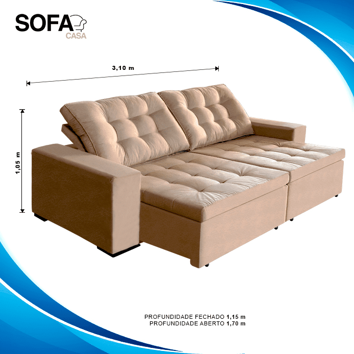 sofá Tunísia 3,10mts retrátil e reclinável pluma Castor