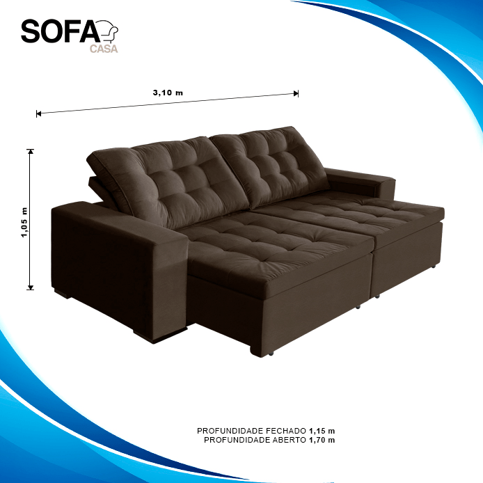 sofá Tunísia 3,10mts retrátil e reclinável pluma Café