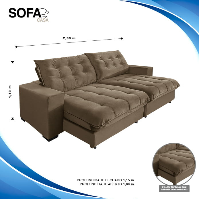 Sofá Retrátil e Reclinável 4 Lugares Califórnia 2,50m Suede Castor Super Pillow Top c/ Molas Ensacadas - Sofá Casa