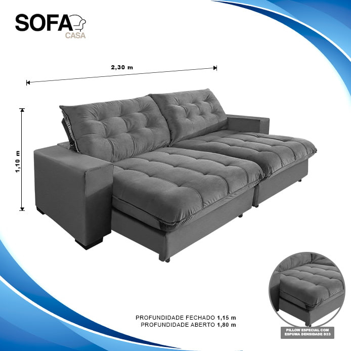 Sofá Retrátil e Reclinável 4 Lugares Califórnia 2,30m Suede Cinza Super Pillow Top c/ Molas Ensacadas - Sofá Casa