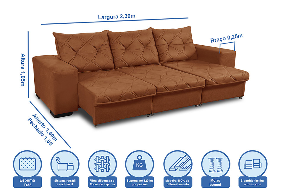 Sofá Retrátil Reclinável 4 Lugares Bali 2,30m Suede Terra Cota c/ Molas - Sofá Casa