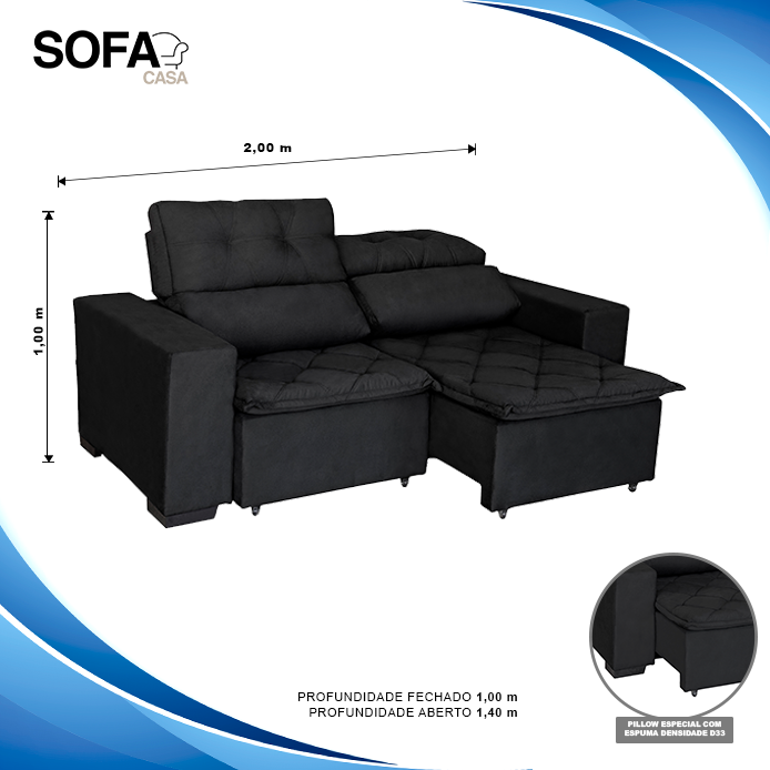 Sofá Soft Slim 3 Lugares Retrátil e Reclinável - 2,00m com molas no assento Pluma Preto - Sofá Casa