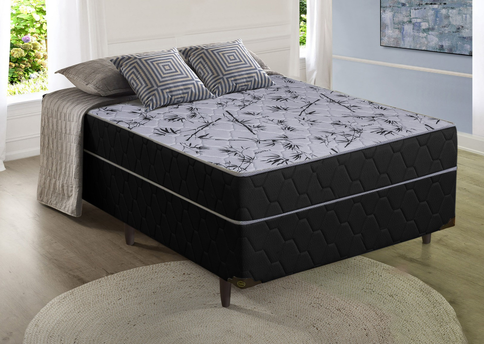Cama Box Suiça Casal com Molas Ensacadas 138x188x60 Preto/Cinza estampado - Sofá Casa