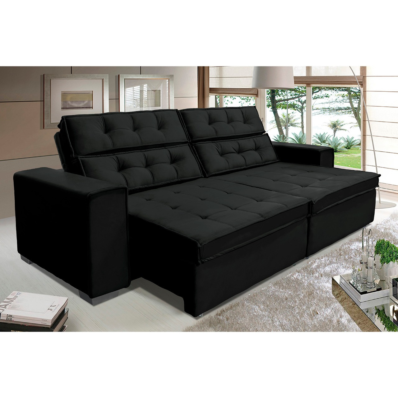 Sofá Vancouver Retrátil/Reclinável 2,90m Suede Velusoft preto c/mola helicoidal - Sofá Casa