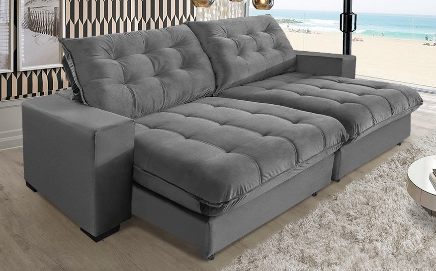 Sofá Retrátil e Reclinável 4 Lugares Califórnia 2,30m Suede Cinza Super Pillow Top c/ Molas Ensacadas - Sofá Casa