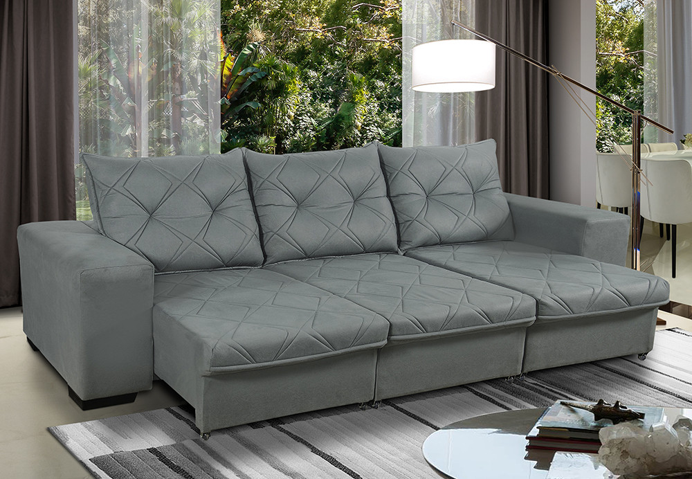Sofá Retrátil Reclinável 4 Lugares Bali 2,30 Suede Cinza c/ Molas - Sofá Casa